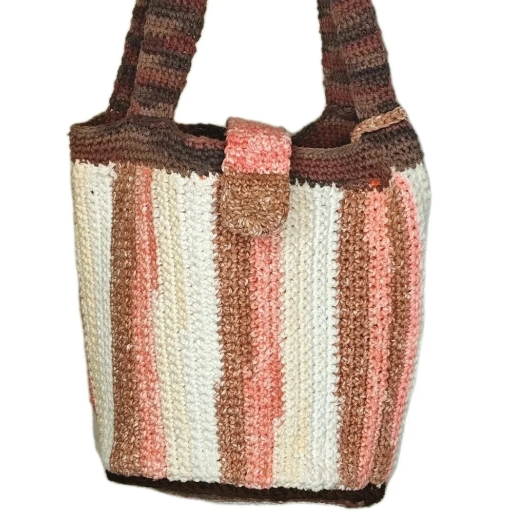 Hippie Boho Hand Crocheted Earthy Striped Bucket Purse W/ Coin Purse Homemade
